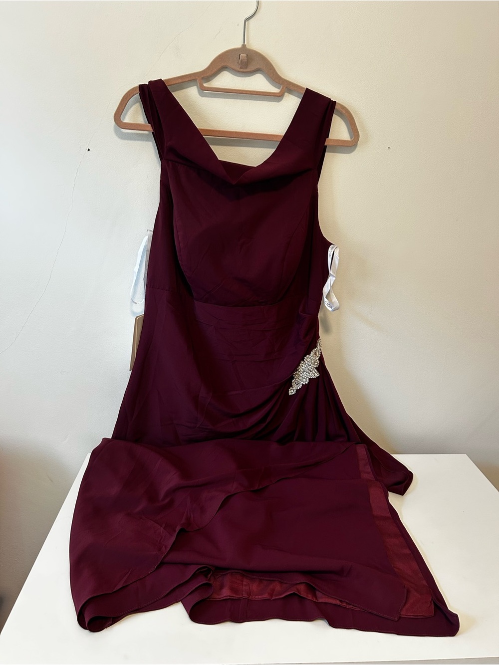 Elegant Burgundy Ball Gown with Side Crystal Detail